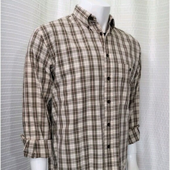 BURBERRY LONDON Button Down Shirt Plaid Brown Tan Made in USA Men's M - Picture 1 of 12